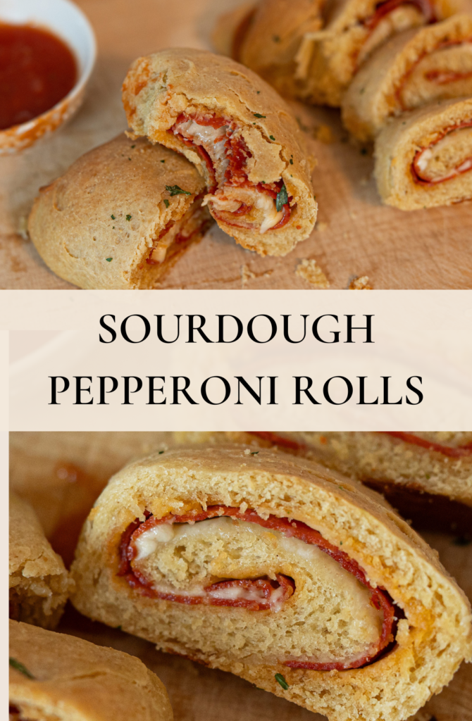 A pinterest graphic with pictures of the sourdough pepperoni rolls on them