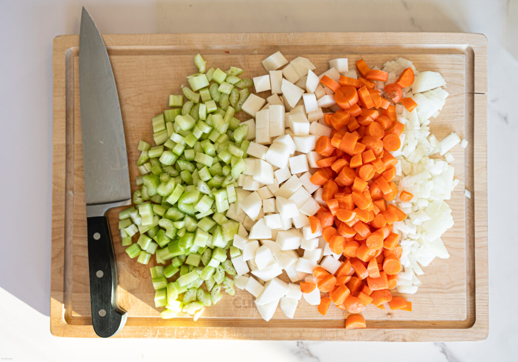 Cut up vegetables on a cutting board