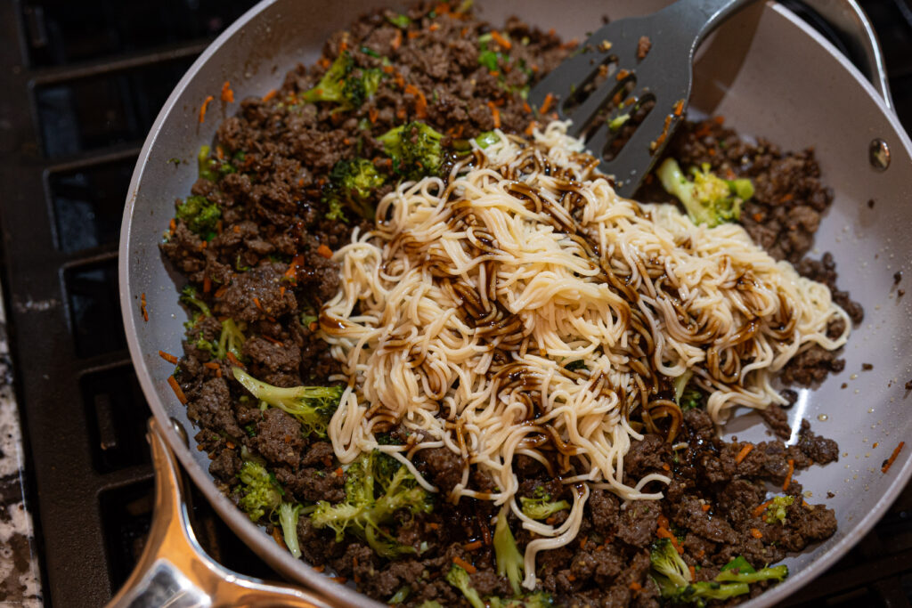 Japanese beef and noodles in a pan