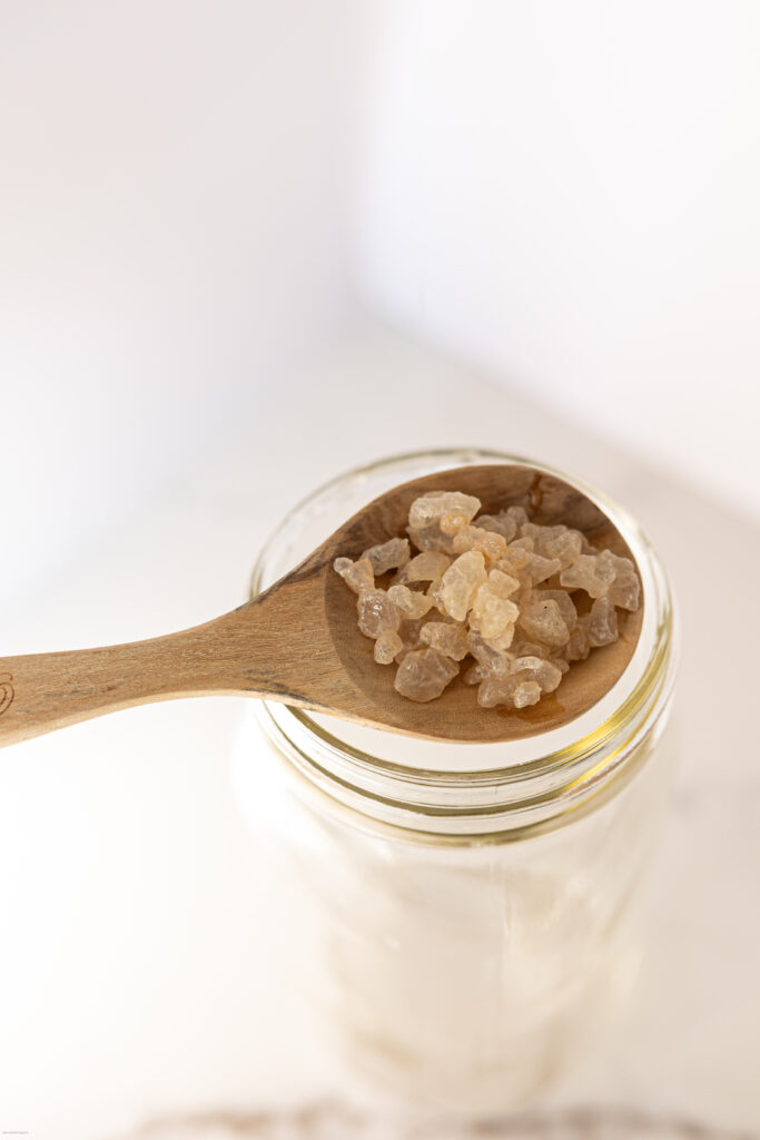 Water kefir grains on a wooden spoon