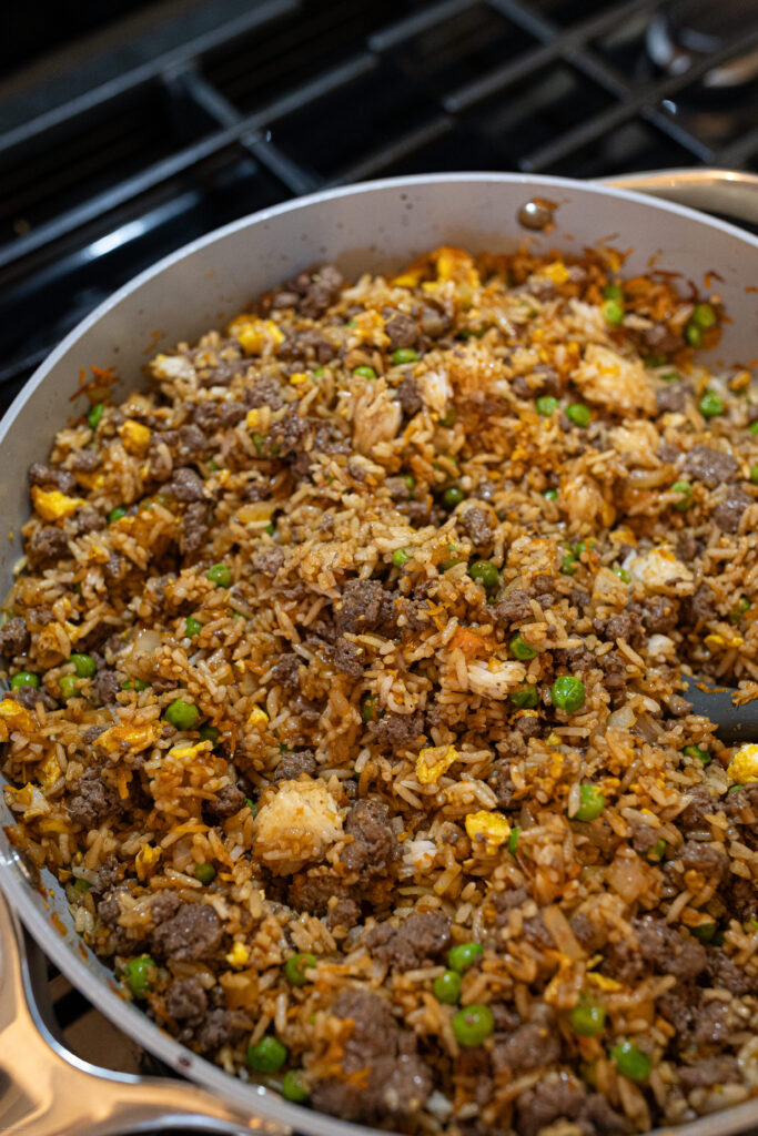 Beef fried rice in a pan
