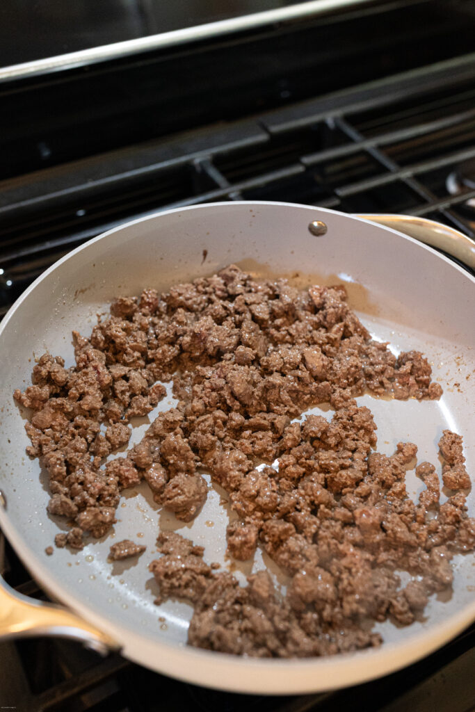 Cooked ground beef in a pan